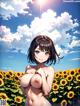 A naked woman standing in a field of sunflowers.