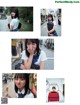 A collage of photos of a girl in a school uniform.