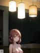 A naked anime girl standing in a room with three lamps.