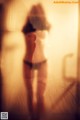 A blurry image of a woman standing in front of a window.