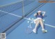 A woman sitting on a tennis court with a racket and balls.