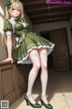 A woman in a green dress and white stockings posing for a picture.